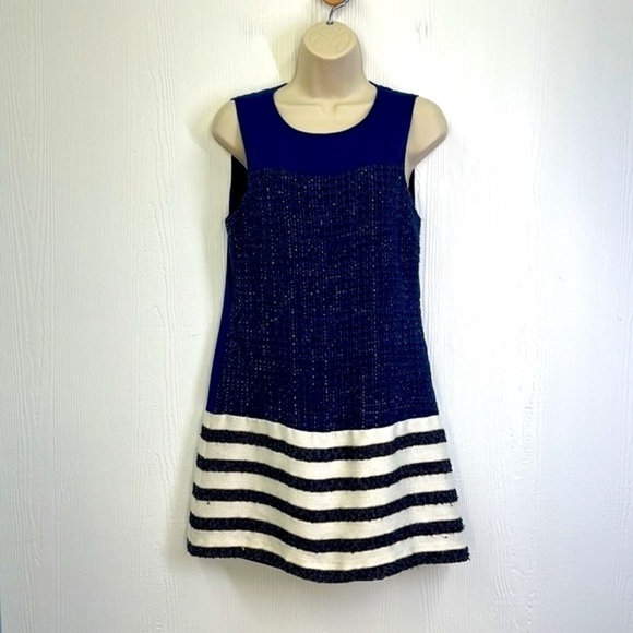 Boston Proper - Navy And Gold Tweed Striped Lined Sleeveless Midi Dress Size 4 - Picture 2 of 10